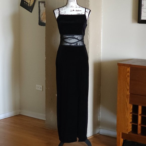 Vintage Black Velvet Mesh Panel Sleeveless Long Special Occasion Dress - Picture 2 of 12
